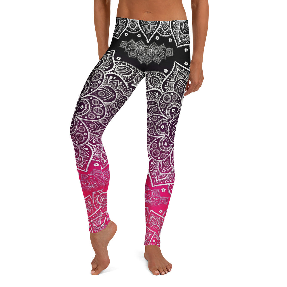 Personalisierte Damen Sportleggings Mandala Muster Schwarz Magenta Yoga Fitness Leggings mit Farbverlauf D353