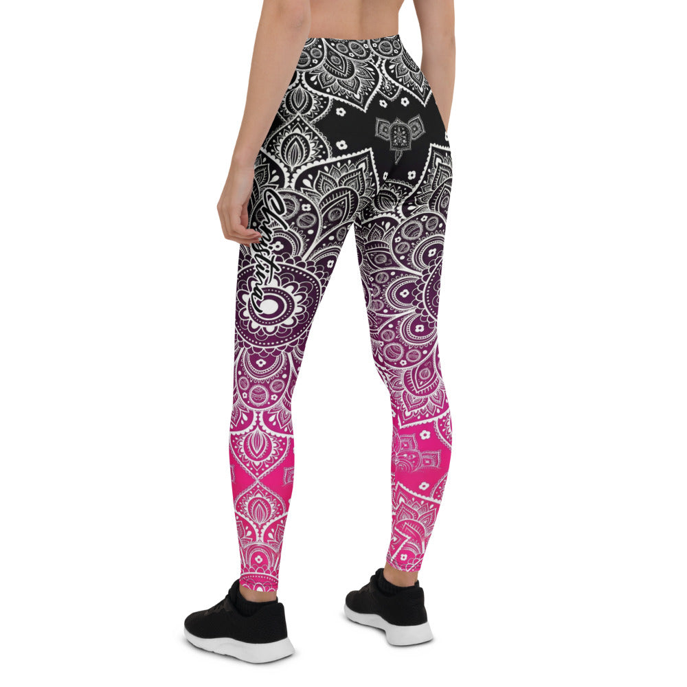 Personalisierte Damen Sportleggings Mandala Muster Schwarz Magenta Yoga Fitness Leggings mit Farbverlauf D353