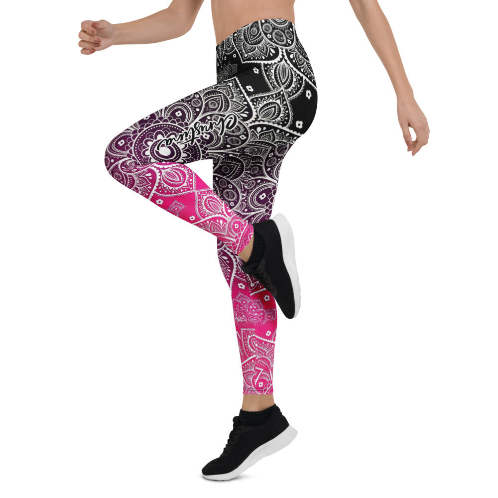 Personalisierte Damen Sportleggings Mandala Muster Schwarz Magenta Yoga Fitness Leggings mit Farbverlauf D353