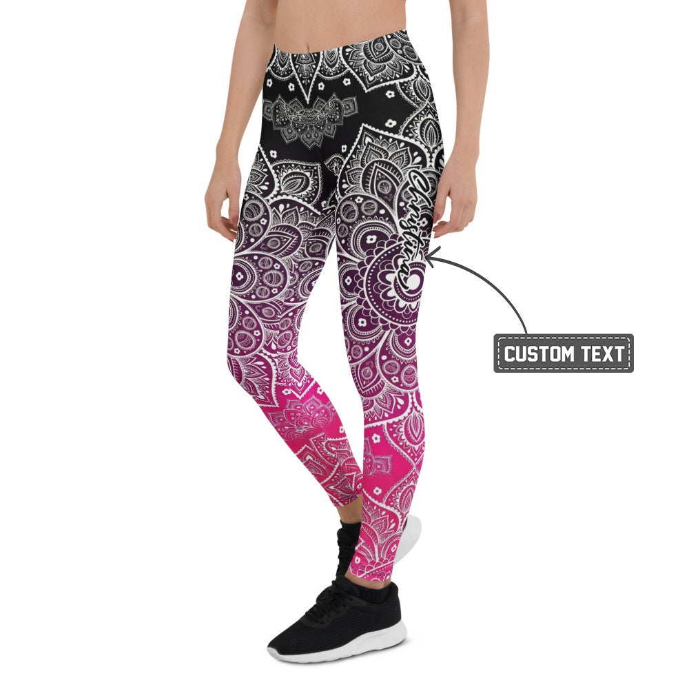 Personalisierte Damen Sportleggings Mandala Muster Schwarz Magenta Yoga Fitness Leggings mit Farbverlauf D353 - XL