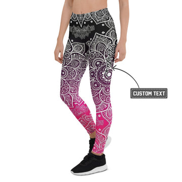 Personalisierte Damen Sportleggings Mandala Muster Schwarz Magenta Yoga Fitness Leggings mit Farbverlauf D353 - XL