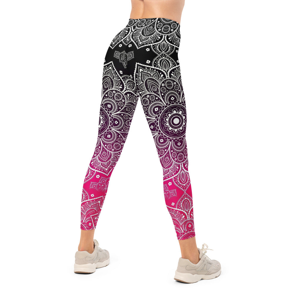 Personalisierte Damen Sportleggings Mandala Muster Schwarz Magenta Yoga Fitness Leggings mit Farbverlauf D353