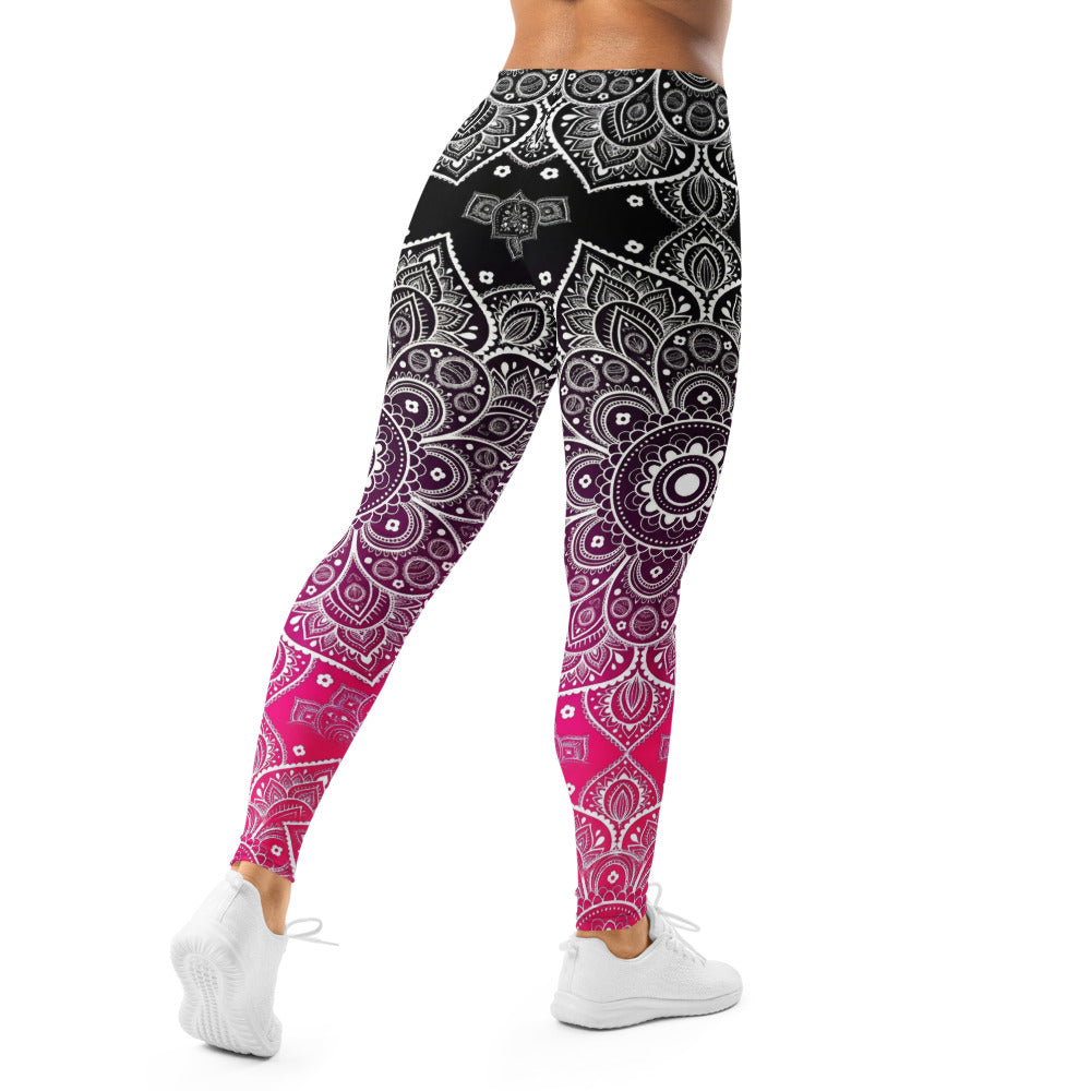 Personalisierte Damen Sportleggings Mandala Muster Schwarz Magenta Yoga Fitness Leggings mit Farbverlauf D353