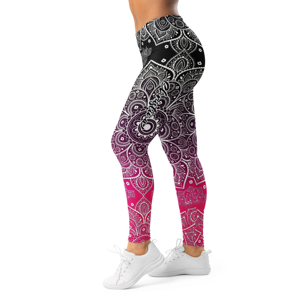 Personalisierte Damen Sportleggings Mandala Muster Schwarz Magenta Yoga Fitness Leggings mit Farbverlauf D353