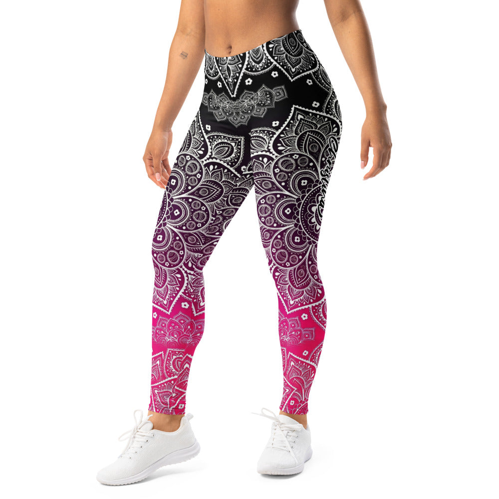Personalisierte Damen Sportleggings Mandala Muster Schwarz Magenta Yoga Fitness Leggings mit Farbverlauf D353