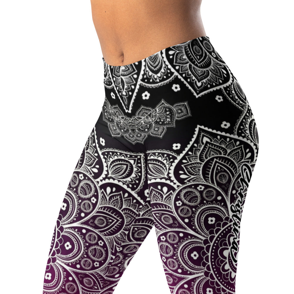 Personalisierte Damen Sportleggings Mandala Muster Schwarz Magenta Yoga Fitness Leggings mit Farbverlauf D353