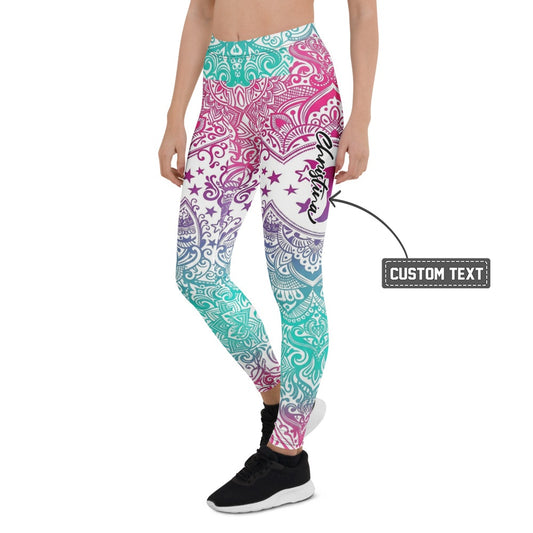 Personalisierte Damen Yoga Leggings Mandala Muster Türkis Pink Violett Fitnesshose K225 - XL