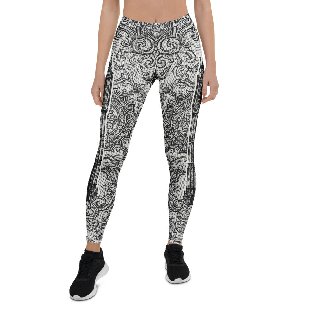 Personalisierte Sportleggings Damen London Big Ben Motiv Schwarz Weiß Ornament Muster Fitnesshose Yoga Tights F772