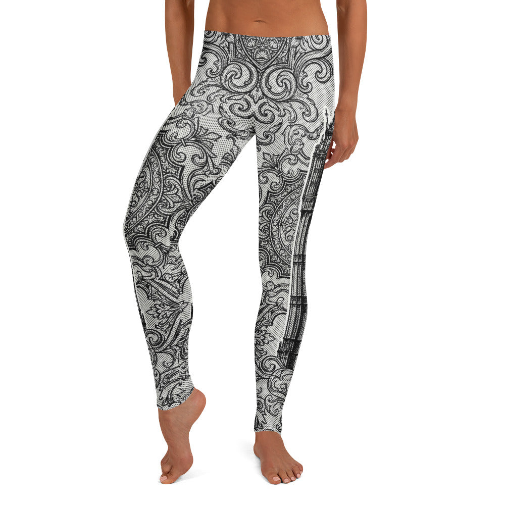 Personalisierte Sportleggings Damen London Big Ben Motiv Schwarz Weiß Ornament Muster Fitnesshose Yoga Tights F772
