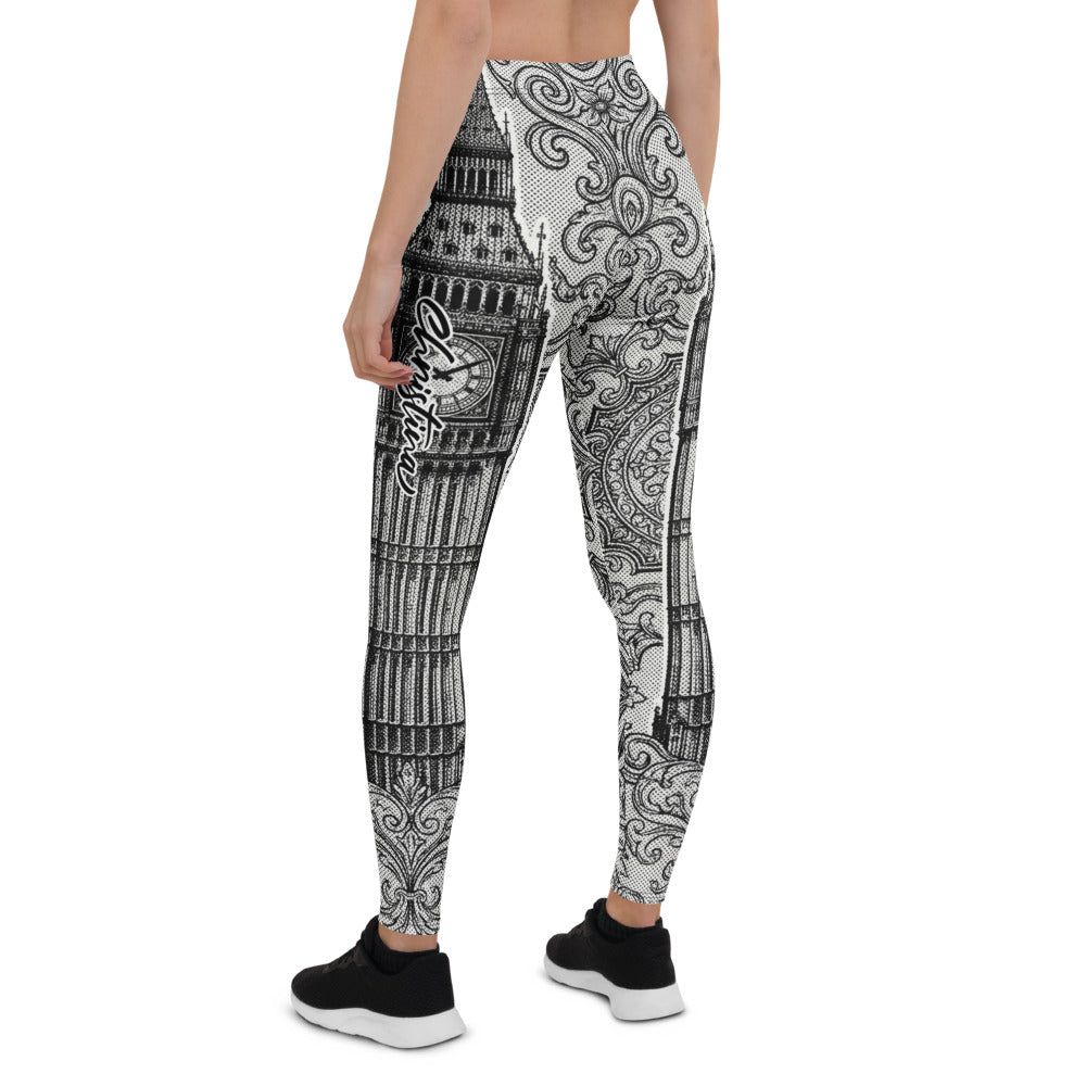 Personalisierte Sportleggings Damen London Big Ben Motiv Schwarz Weiß Ornament Muster Fitnesshose Yoga Tights F772