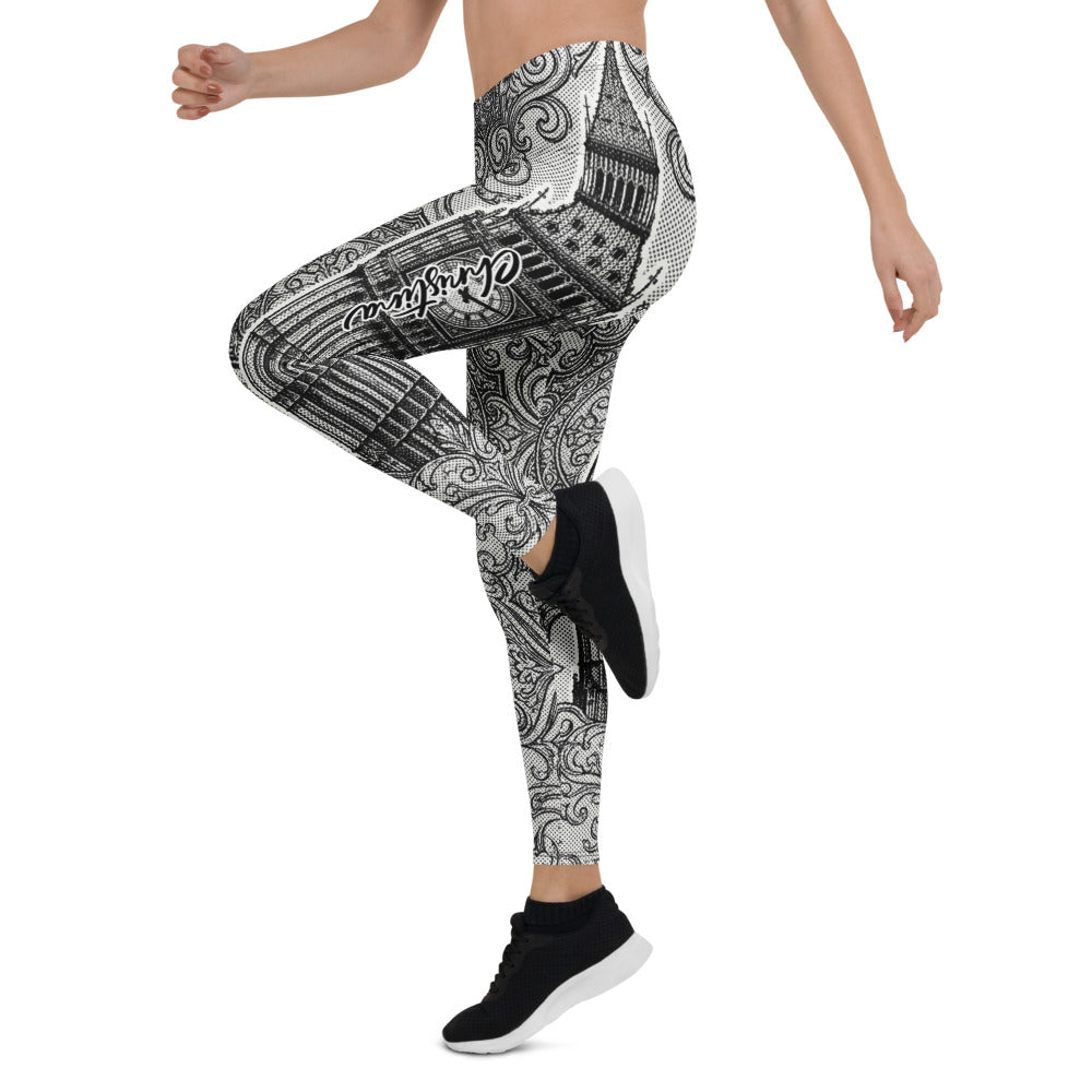 Personalisierte Sportleggings Damen London Big Ben Motiv Schwarz Weiß Ornament Muster Fitnesshose Yoga Tights F772