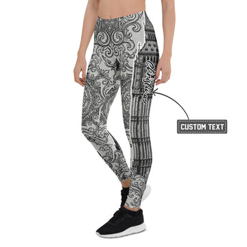 Personalisierte Sportleggings Damen London Big Ben Motiv Schwarz Weiß Ornament Muster Fitnesshose Yoga Tights F772 - XL