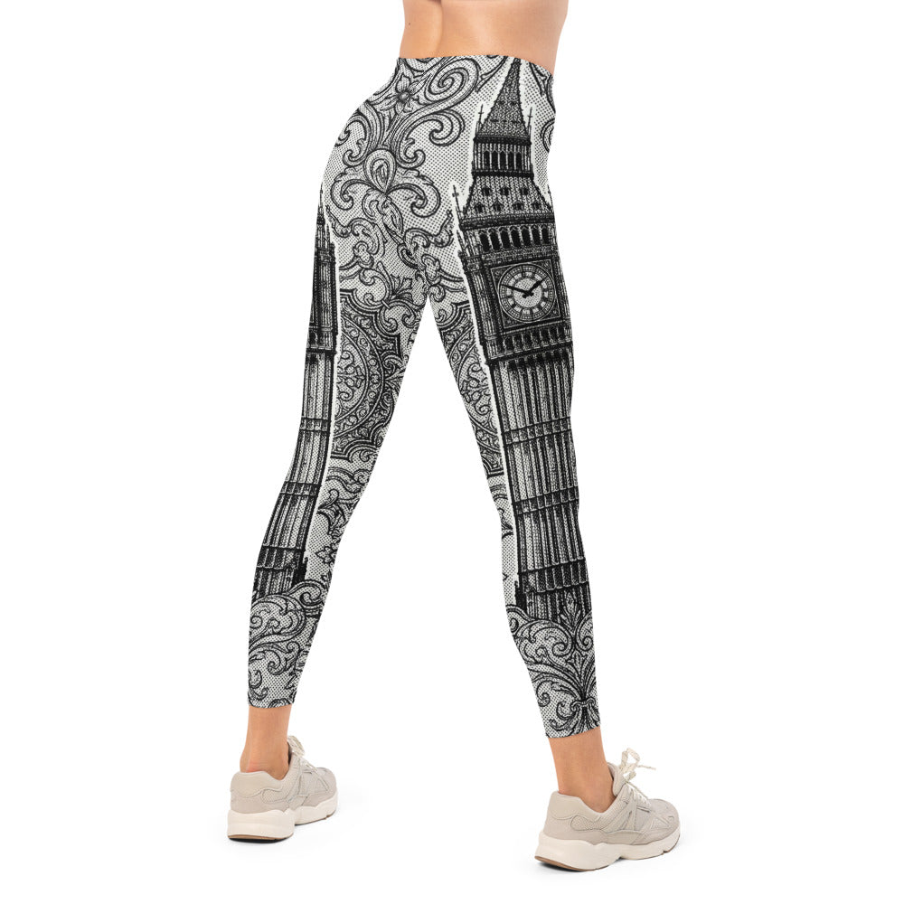 Personalisierte Sportleggings Damen London Big Ben Motiv Schwarz Weiß Ornament Muster Fitnesshose Yoga Tights F772