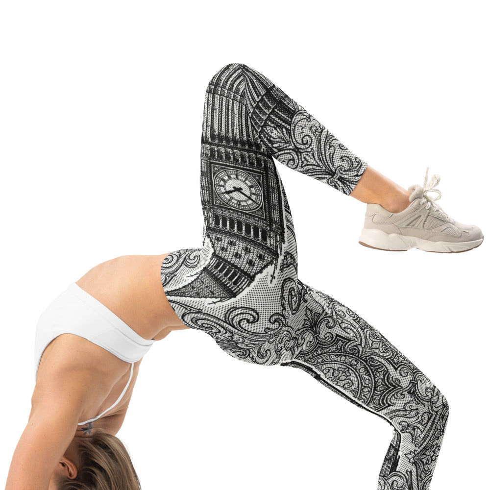 Personalisierte Sportleggings Damen London Big Ben Motiv Schwarz Weiß Ornament Muster Fitnesshose Yoga Tights F772