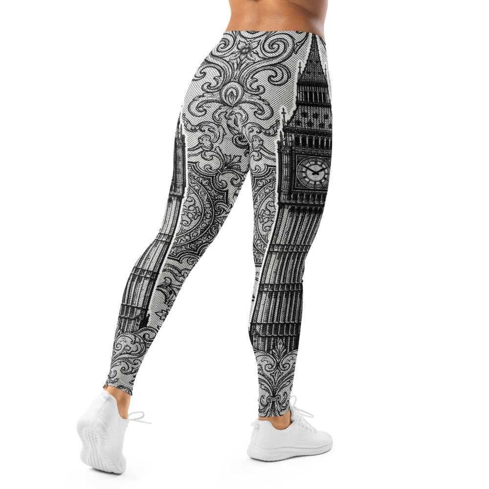 Personalisierte Sportleggings Damen London Big Ben Motiv Schwarz Weiß Ornament Muster Fitnesshose Yoga Tights F772