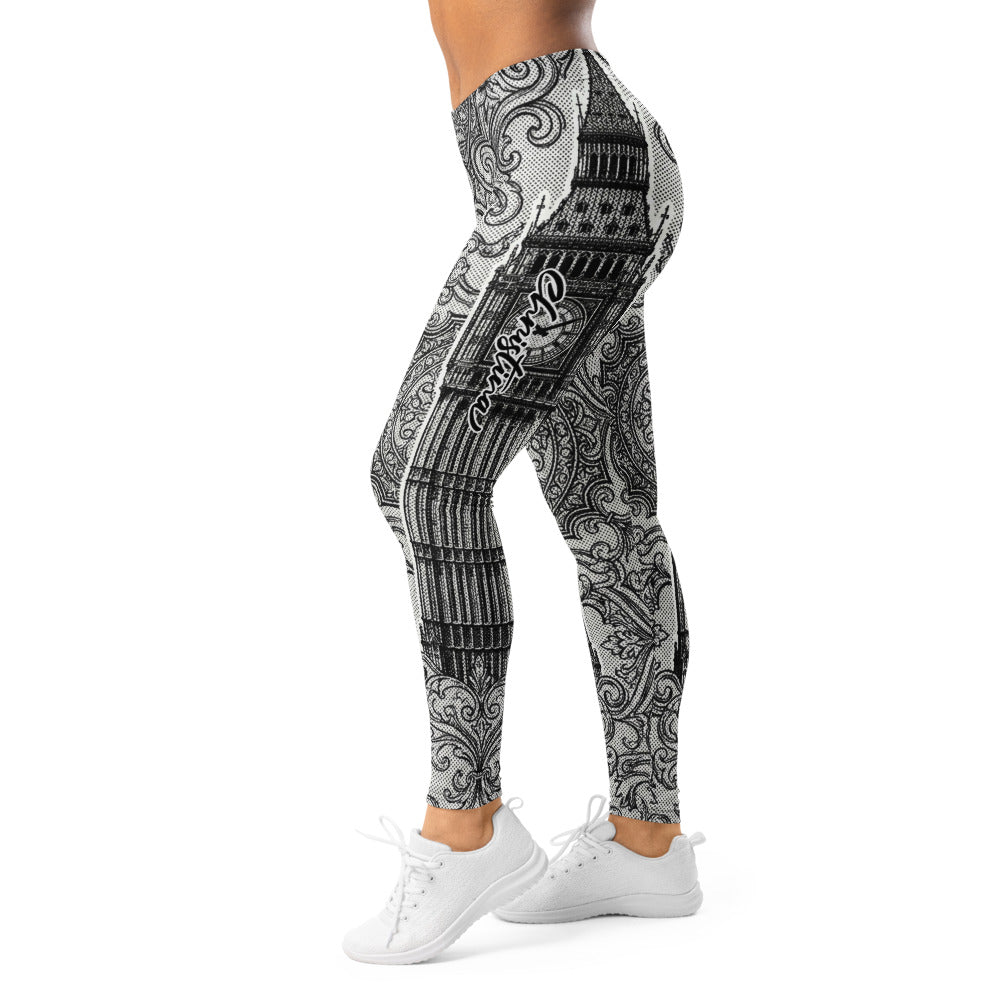 Personalisierte Sportleggings Damen London Big Ben Motiv Schwarz Weiß Ornament Muster Fitnesshose Yoga Tights F772