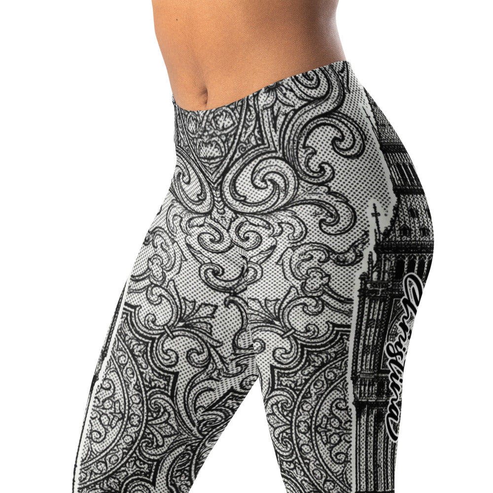 Personalisierte Sportleggings Damen London Big Ben Motiv Schwarz Weiß Ornament Muster Fitnesshose Yoga Tights F772