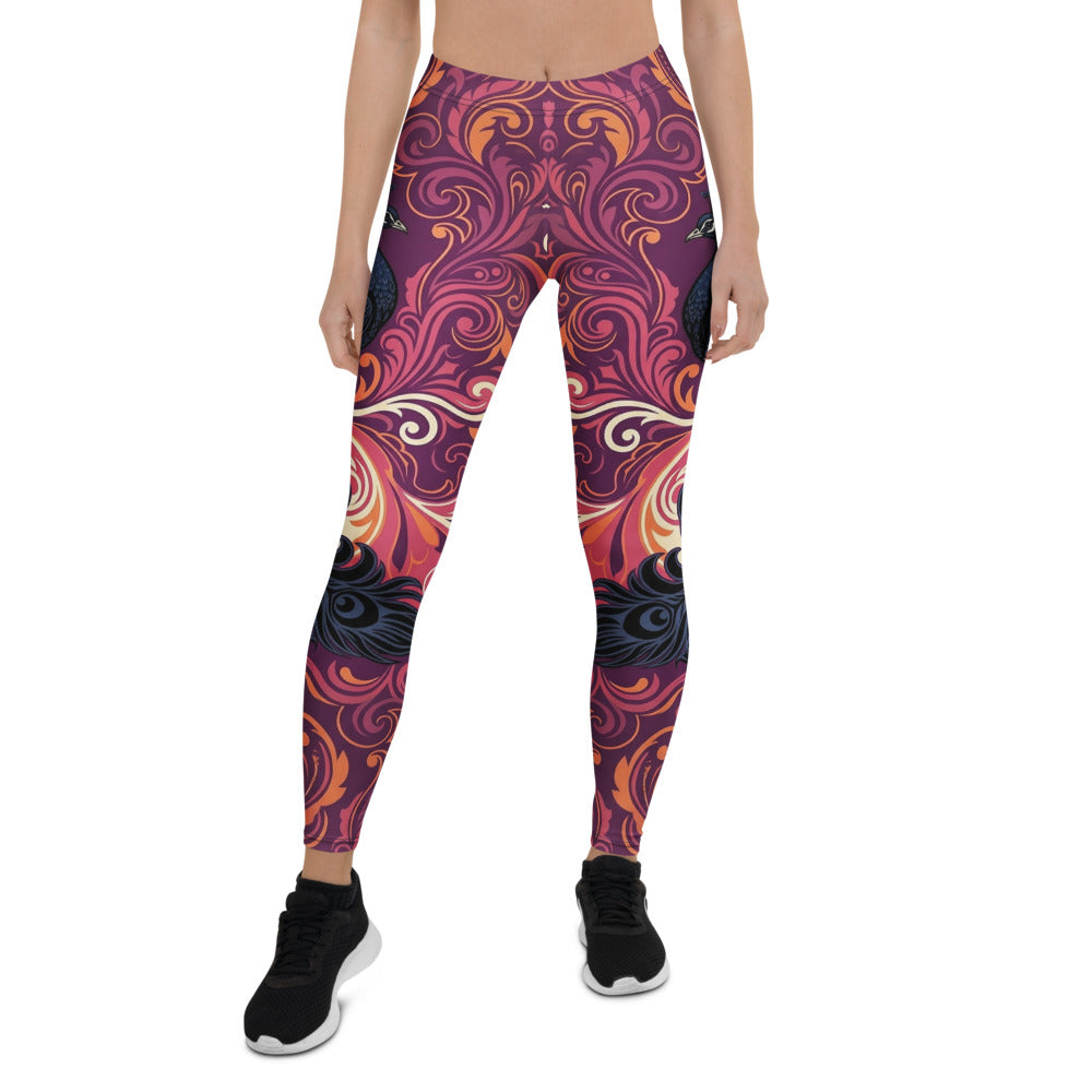 Personalisierte Damen Sportleggings Pfau Design Ornament Muster Lila Rot Fitness Yoga Leggings G540