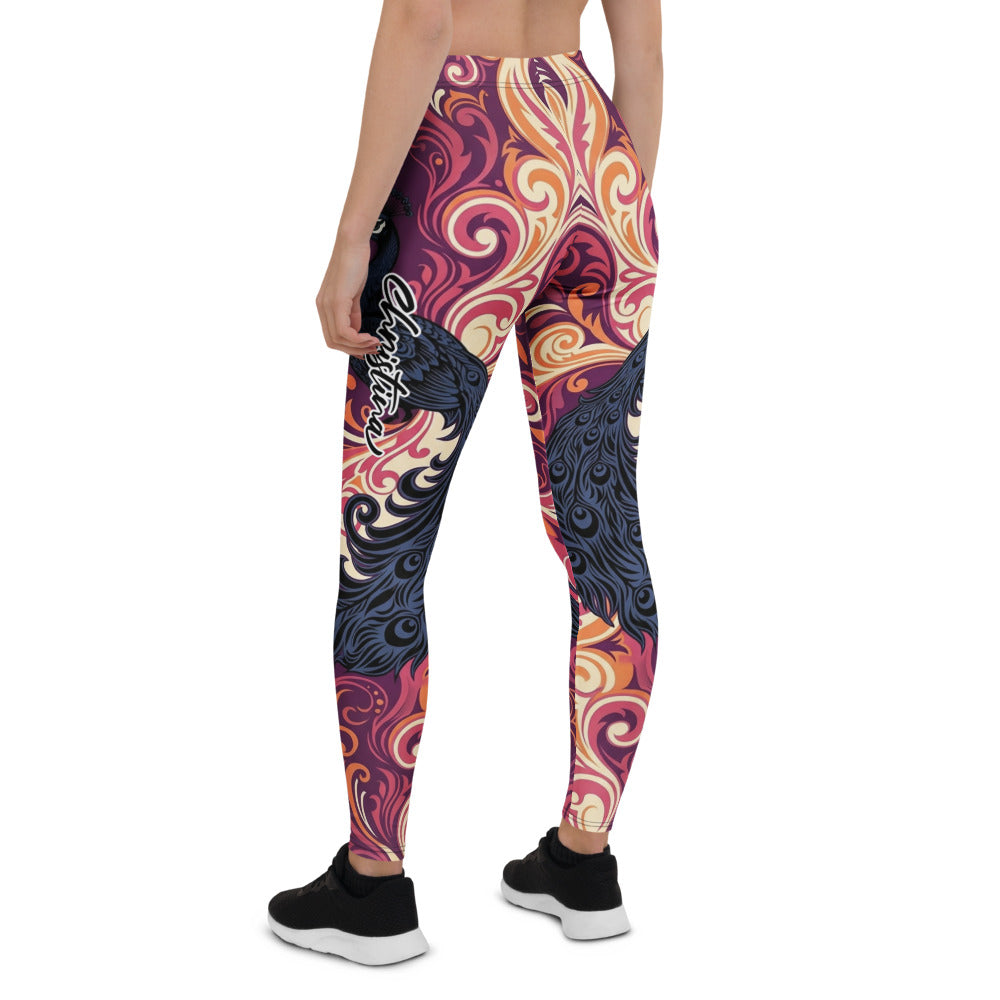 Personalisierte Damen Sportleggings Pfau Design Ornament Muster Lila Rot Fitness Yoga Leggings G540