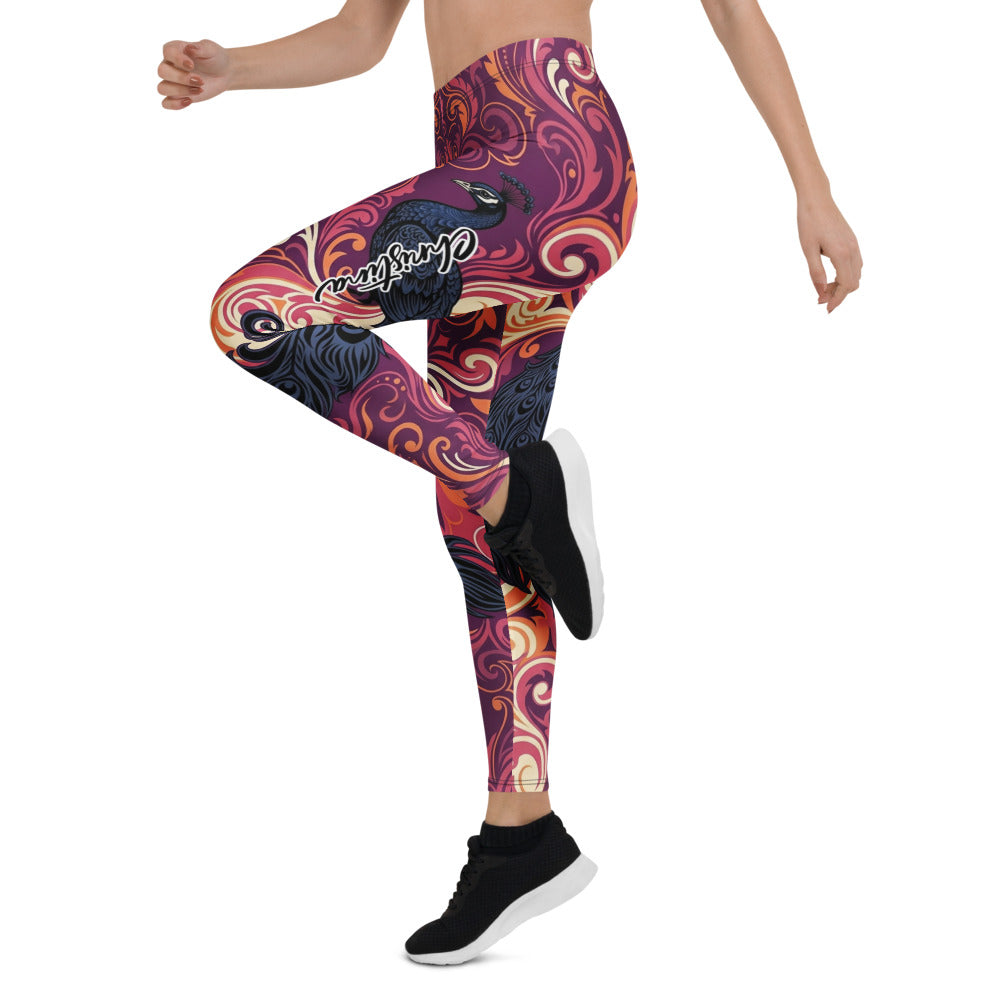 Personalisierte Damen Sportleggings Pfau Design Ornament Muster Lila Rot Fitness Yoga Leggings G540