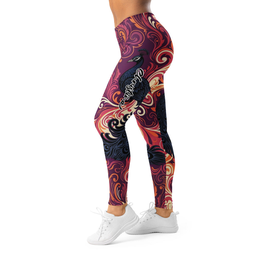 Personalisierte Damen Sportleggings Pfau Design Ornament Muster Lila Rot Fitness Yoga Leggings G540