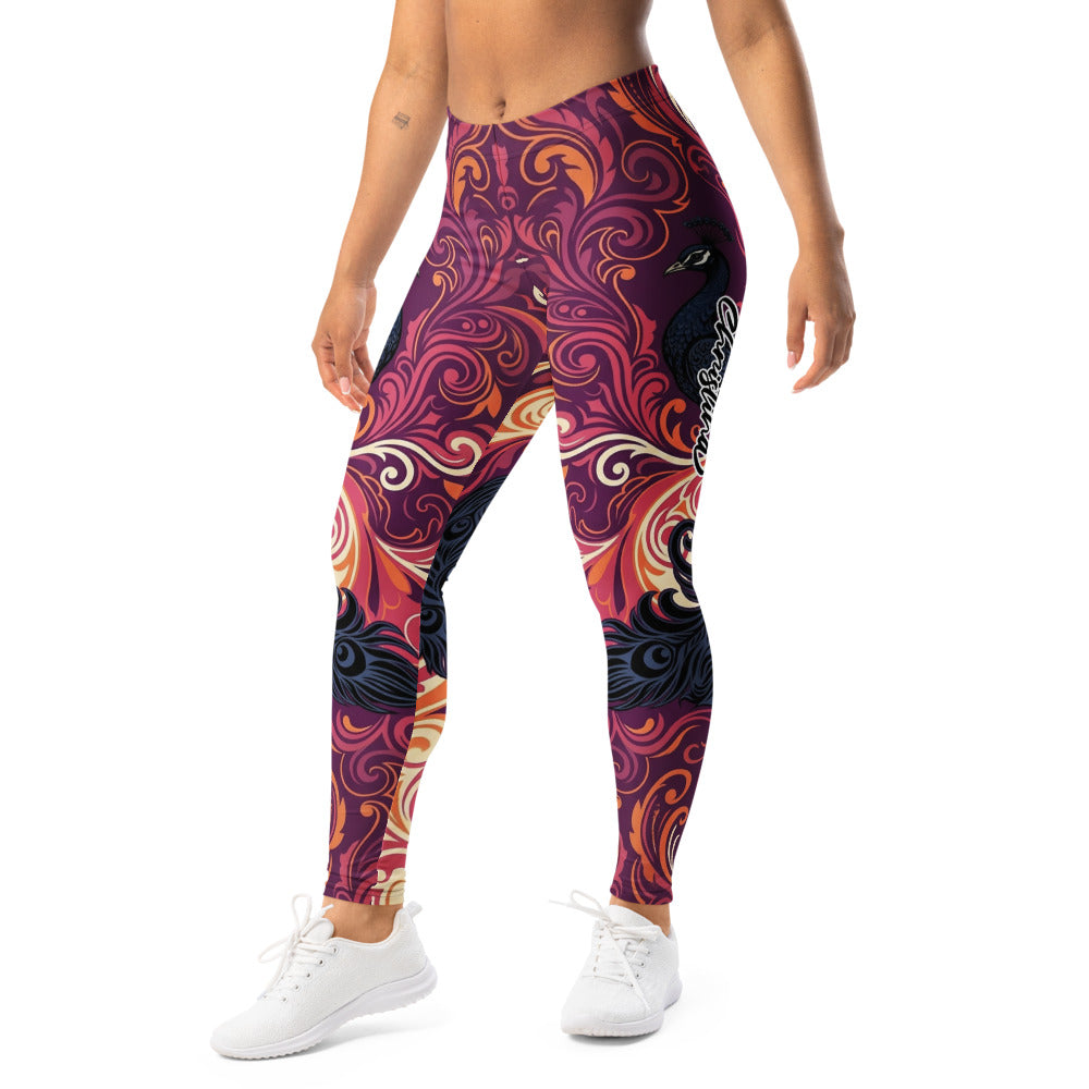 Personalisierte Damen Sportleggings Pfau Design Ornament Muster Lila Rot Fitness Yoga Leggings G540
