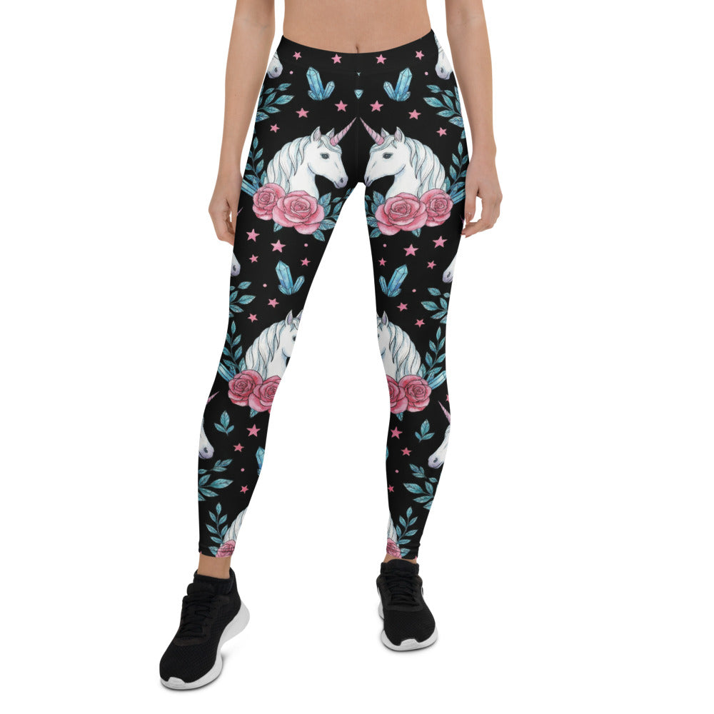 Personalisierte Damen Sportleggings Einhorn Design Schwarz Rosa Rosen Kristalle Fitness Leggings L852