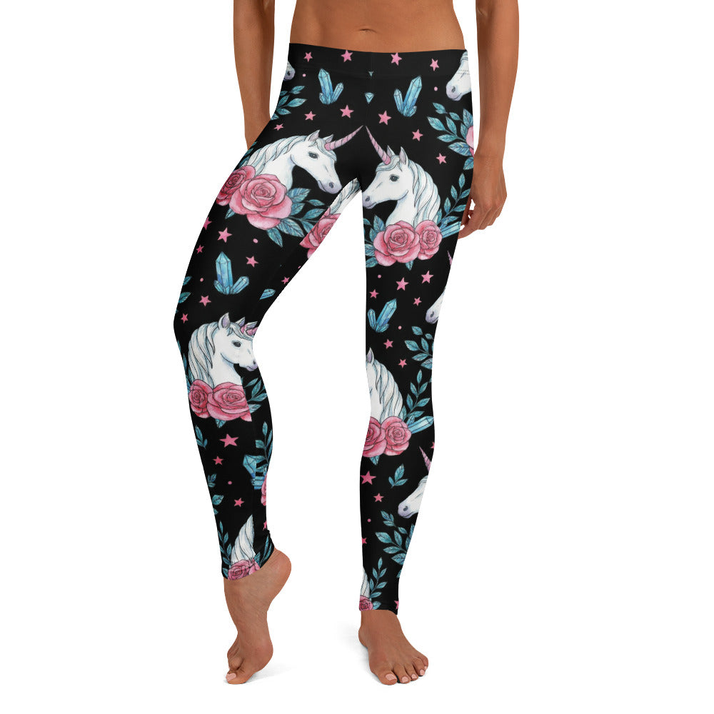 Personalisierte Damen Sportleggings Einhorn Design Schwarz Rosa Rosen Kristalle Fitness Leggings L852