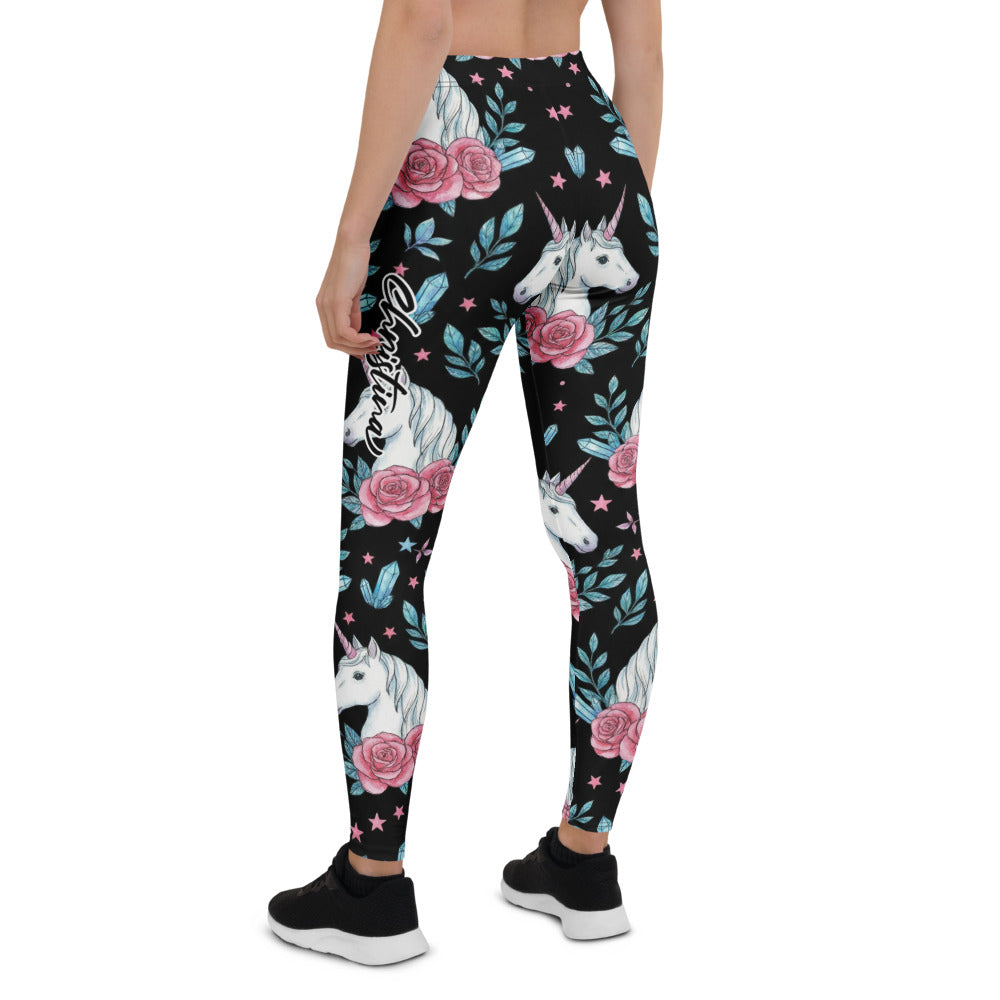 Personalisierte Damen Sportleggings Einhorn Design Schwarz Rosa Rosen Kristalle Fitness Leggings L852