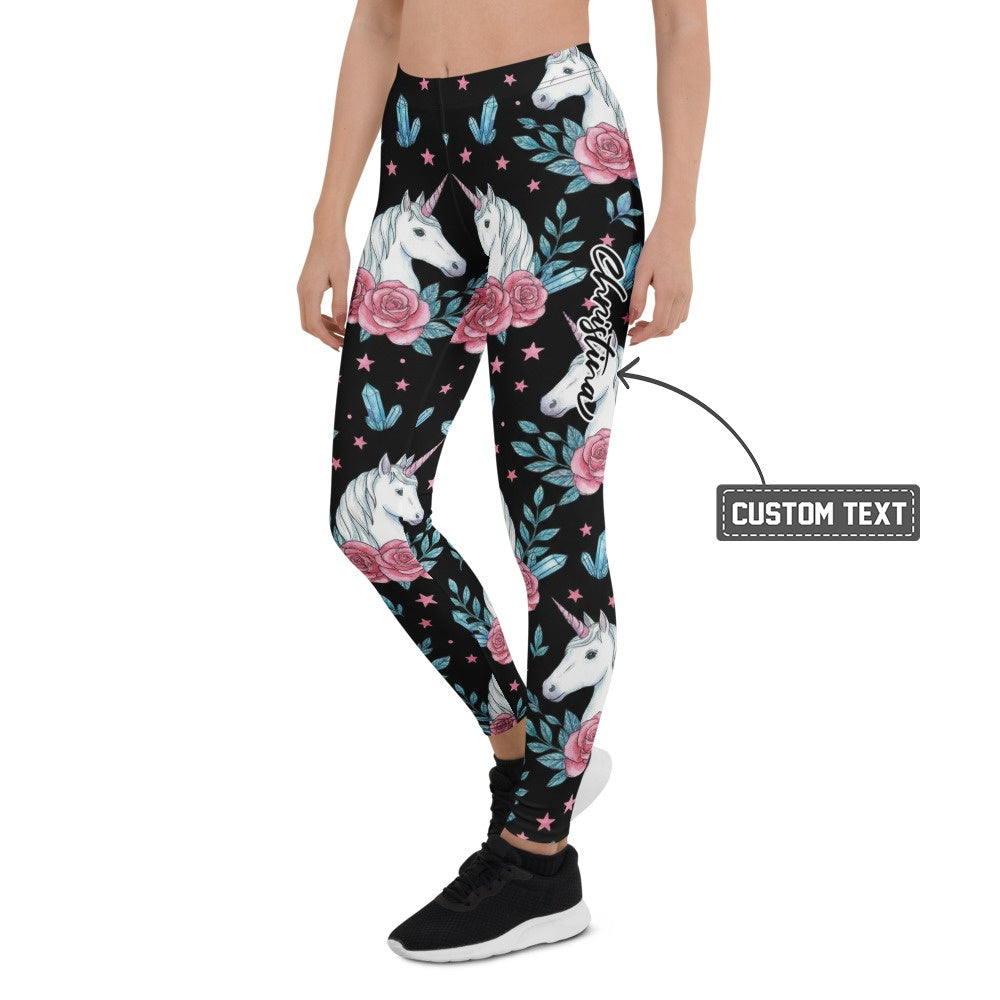 Personalisierte Damen Sportleggings Einhorn Design Schwarz Rosa Rosen Kristalle Fitness Leggings L852 - XL