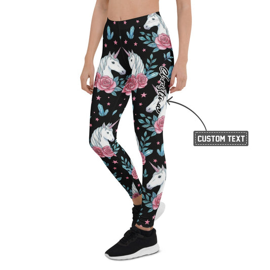 Personalisierte Damen Sportleggings Einhorn Design Schwarz Rosa Rosen Kristalle Fitness Leggings L852 - XL