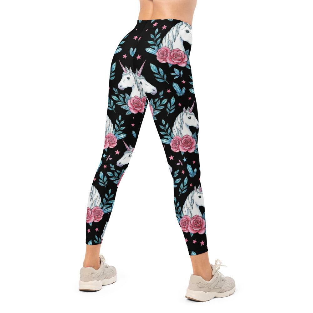 Personalisierte Damen Sportleggings Einhorn Design Schwarz Rosa Rosen Kristalle Fitness Leggings L852