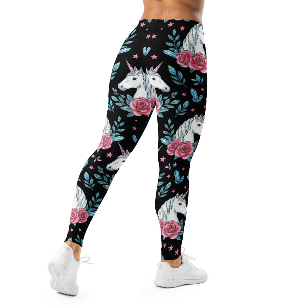 Personalisierte Damen Sportleggings Einhorn Design Schwarz Rosa Rosen Kristalle Fitness Leggings L852
