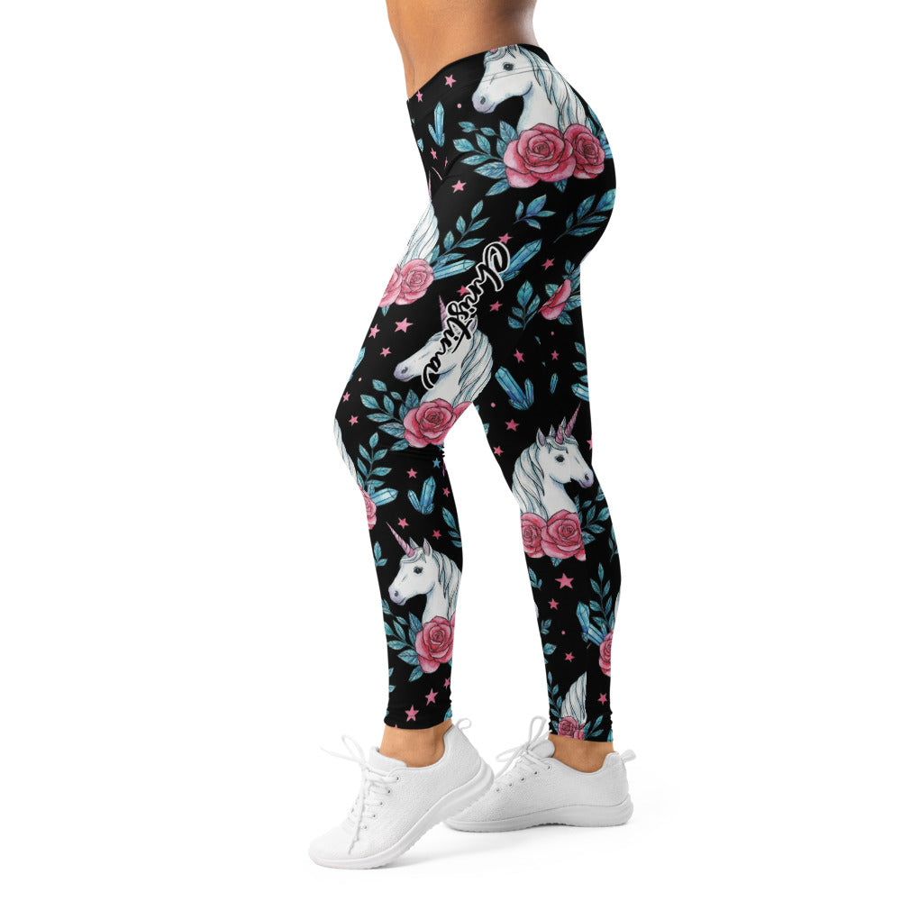 Personalisierte Damen Sportleggings Einhorn Design Schwarz Rosa Rosen Kristalle Fitness Leggings L852