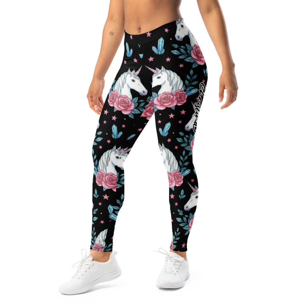 Personalisierte Damen Sportleggings Einhorn Design Schwarz Rosa Rosen Kristalle Fitness Leggings L852