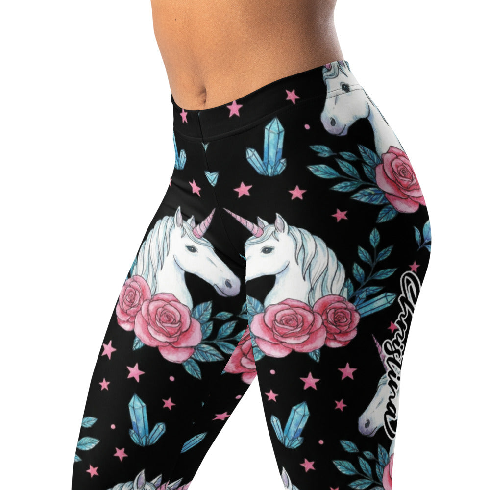 Personalisierte Damen Sportleggings Einhorn Design Schwarz Rosa Rosen Kristalle Fitness Leggings L852