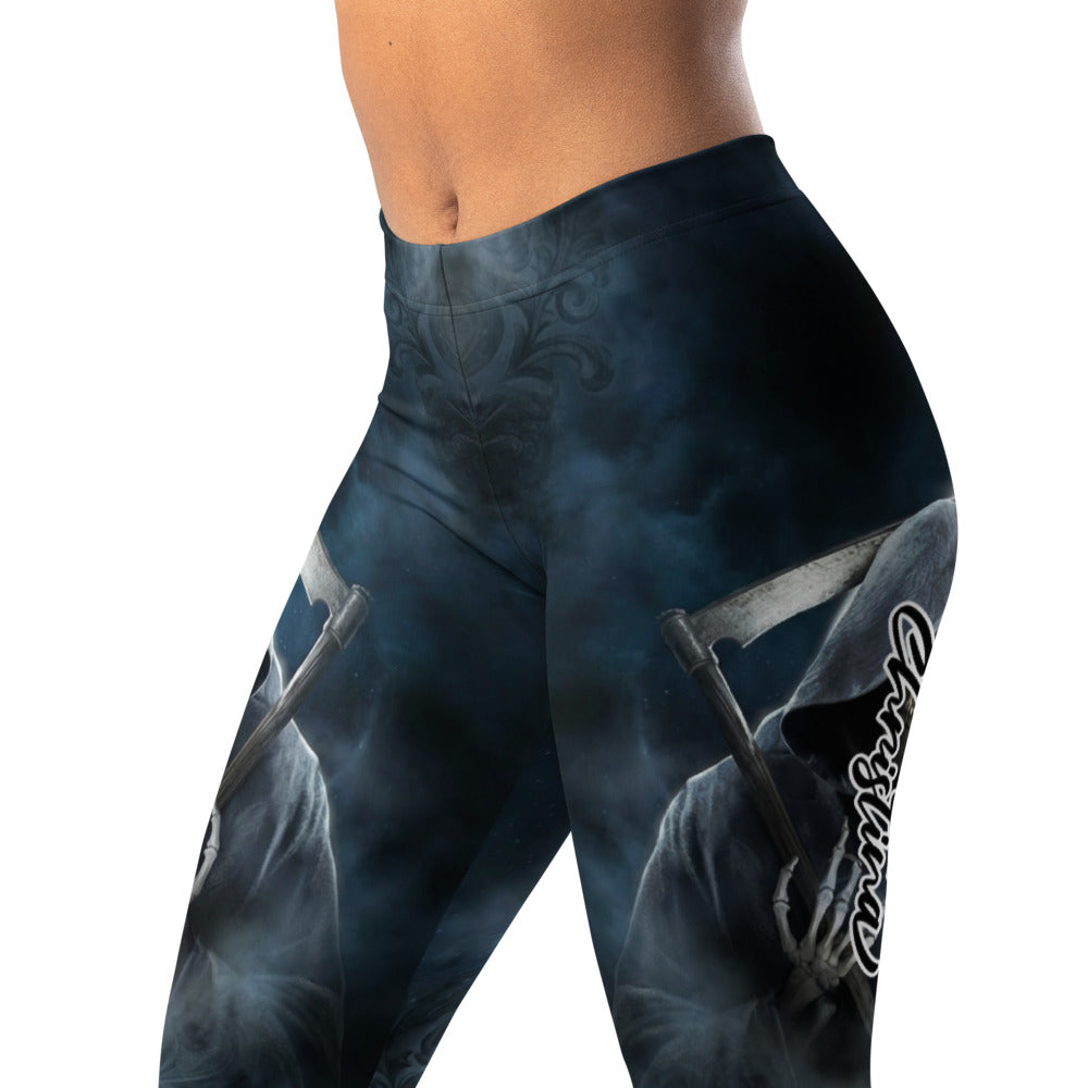 Personalisierte Sportleggings Damen Sensemann Design Dunkelblau Schwarz Gothic Fitness Yoga Leggings E757