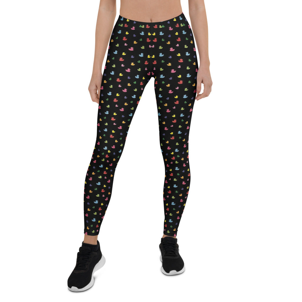 Personalisierte Damen Sportleggings Schwarz Buntes Quietscheenten Muster Fitness Yoga Leggings U142