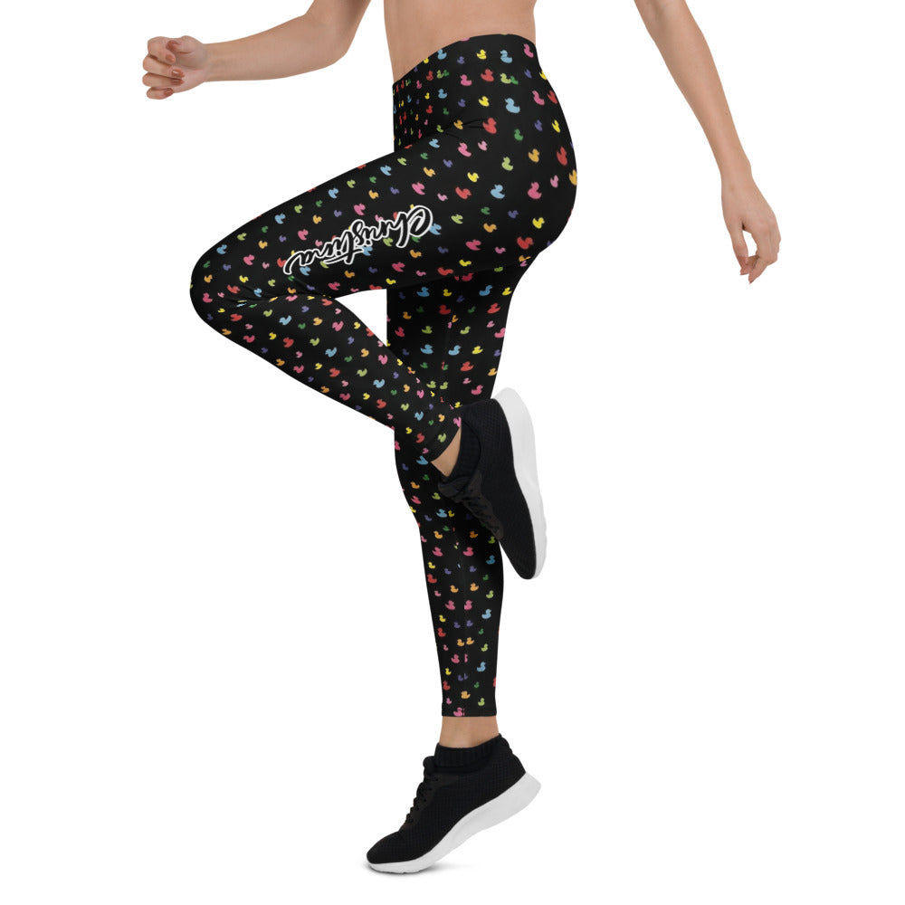 Personalisierte Damen Sportleggings Schwarz Buntes Quietscheenten Muster Fitness Yoga Leggings U142