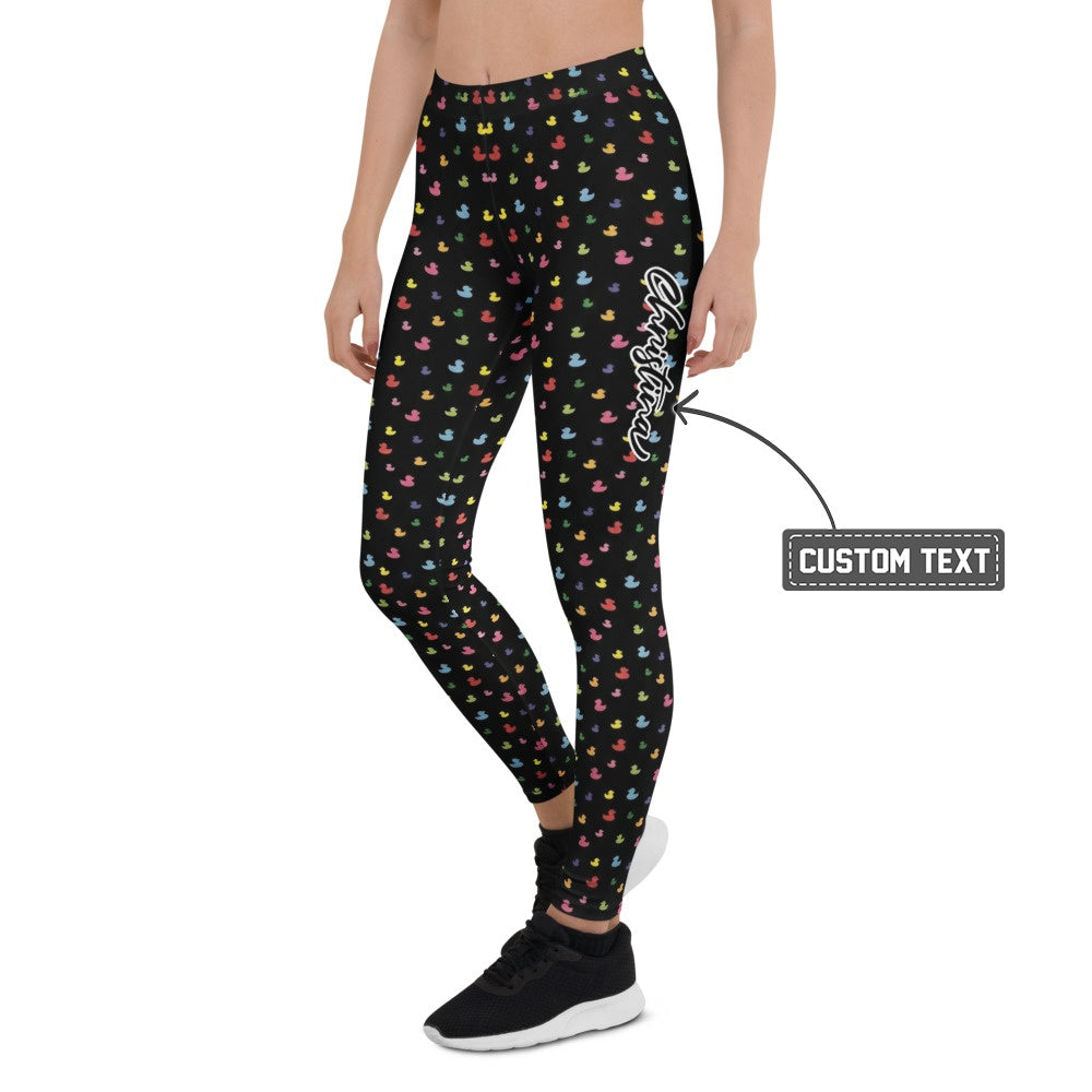 Personalisierte Damen Sportleggings Schwarz Buntes Quietscheenten Muster Fitness Yoga Leggings U142 - XL