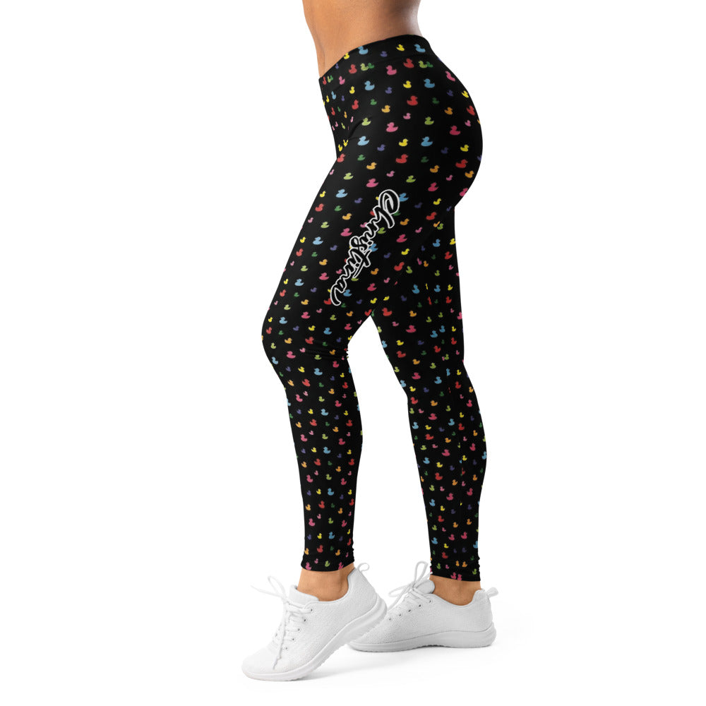 Personalisierte Damen Sportleggings Schwarz Buntes Quietscheenten Muster Fitness Yoga Leggings U142