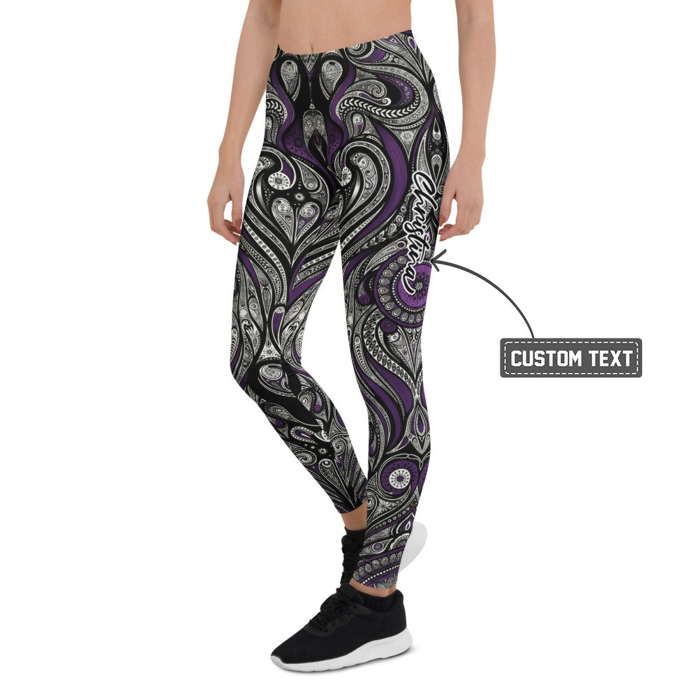 Personalisierte Sportleggings Damen Paisley Muster Schwarz Lila Fitness Leggings Yoga Leggings L590 - XL