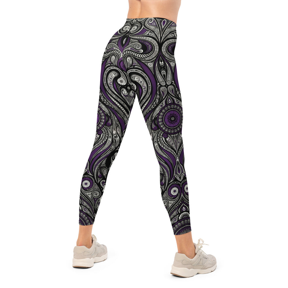 Personalisierte Sportleggings Damen Paisley Muster Schwarz Lila Fitness Leggings Yoga Leggings L590