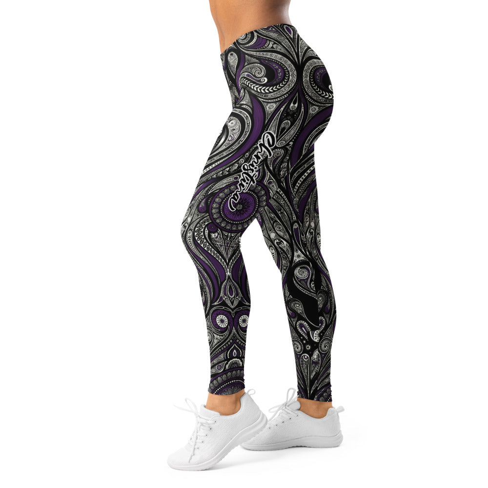 Personalisierte Sportleggings Damen Paisley Muster Schwarz Lila Fitness Leggings Yoga Leggings L590