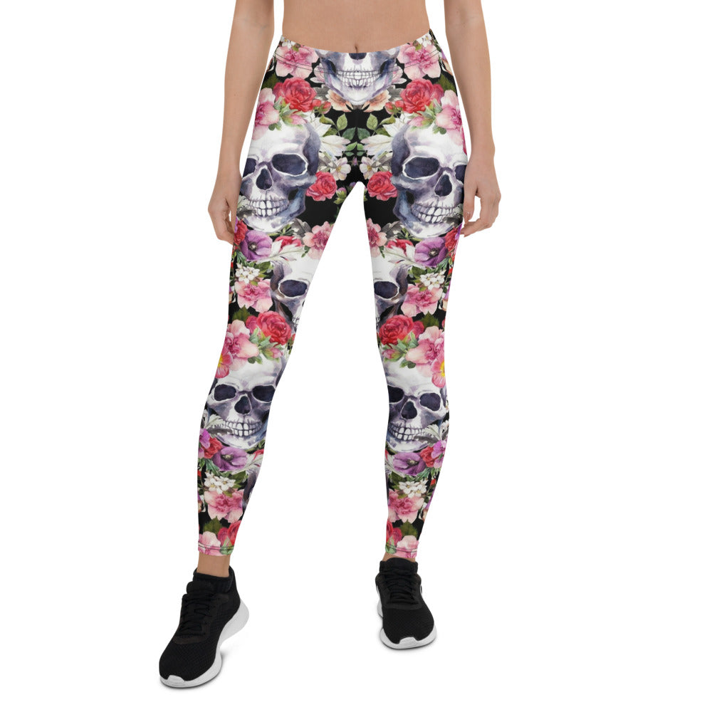 Personalisierte Sportleggings Damen Totenkopf Design Blumenmuster Fitness Leggings Yoga Hose Schwarz Bunt C005