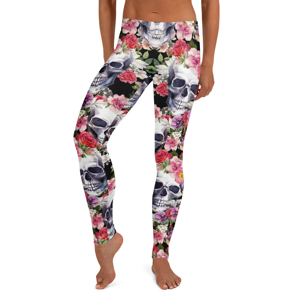 Personalisierte Sportleggings Damen Totenkopf Design Blumenmuster Fitness Leggings Yoga Hose Schwarz Bunt C005