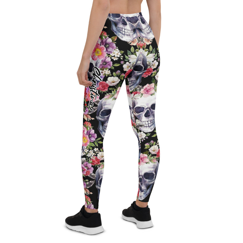 Personalisierte Sportleggings Damen Totenkopf Design Blumenmuster Fitness Leggings Yoga Hose Schwarz Bunt C005