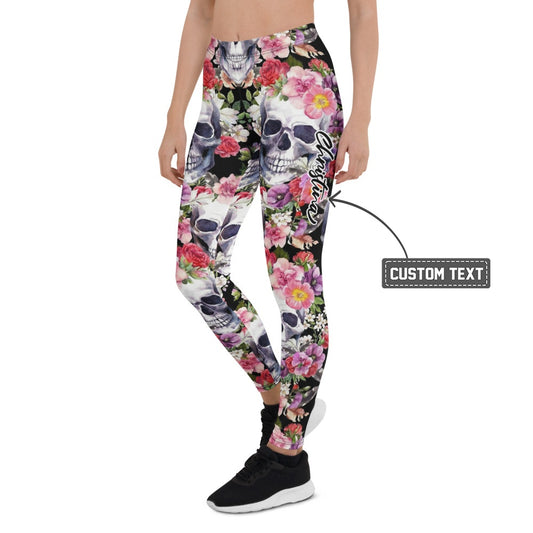 Personalisierte Sportleggings Damen Totenkopf Design Blumenmuster Fitness Leggings Yoga Hose Schwarz Bunt C005 - XL
