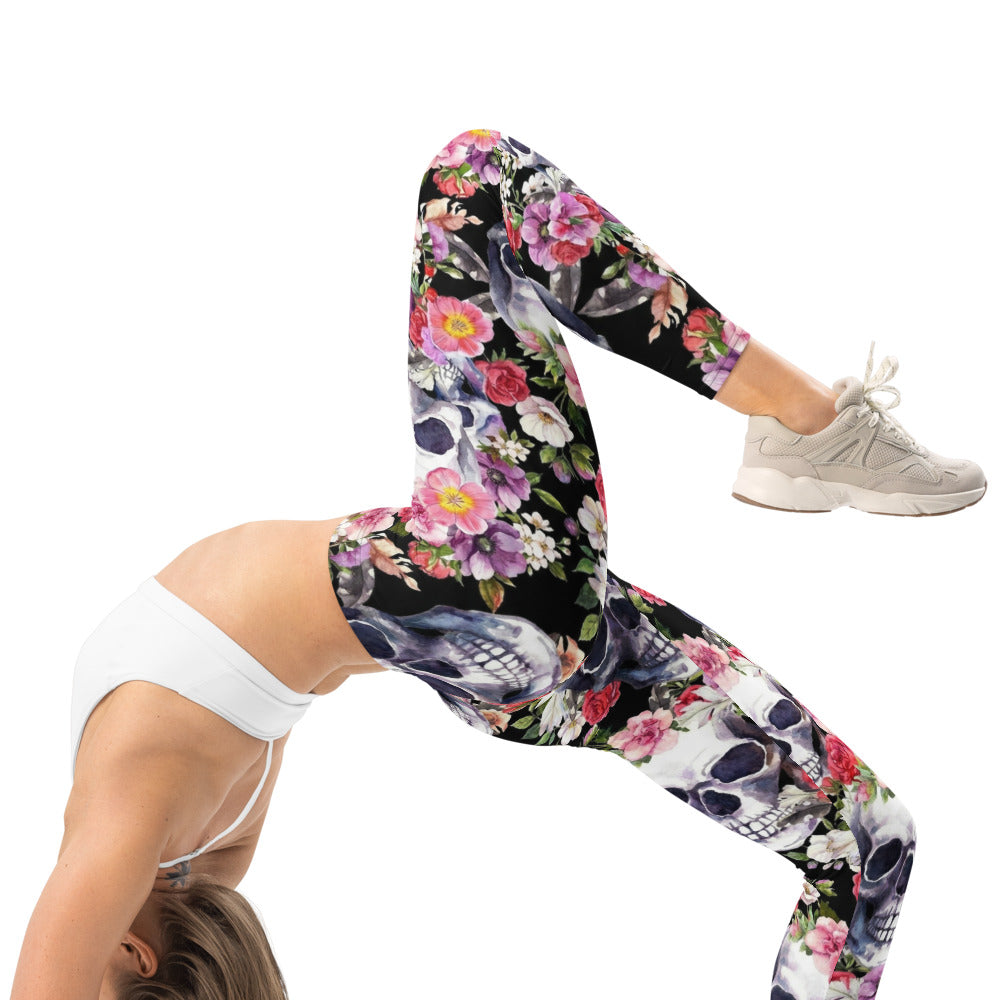 Personalisierte Sportleggings Damen Totenkopf Design Blumenmuster Fitness Leggings Yoga Hose Schwarz Bunt C005