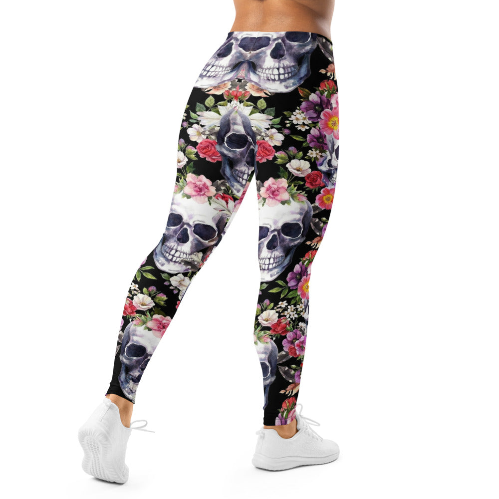 Personalisierte Sportleggings Damen Totenkopf Design Blumenmuster Fitness Leggings Yoga Hose Schwarz Bunt C005